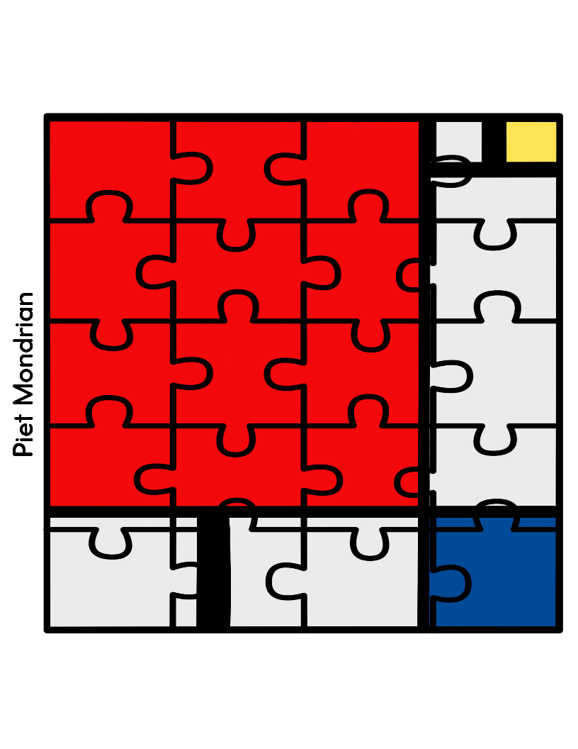 A Printable Famous Artwork Puzzle from Wondermom Shop features colored pieces forming a grid, reminiscent of Piet Mondrian's style. The puzzle pieces are primarily red, white, gray, and blue, with a small yellow section included.