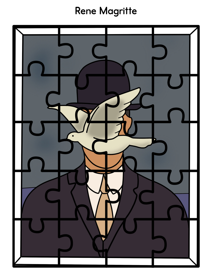 Discover the "Printable Famous Artwork Puzzles" from Wondermom Shop, showcasing an illustration of a man in a suit and bowler hat with a white bird flying in front of his face. The incomplete puzzle pieces beautifully capture the essence of renowned artist Rene Magritte's work.