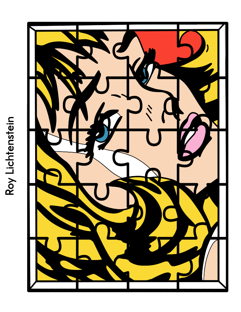 A jigsaw puzzle from Wondermom Shop's Printable Famous Artwork Puzzles collection, featuring pieces that come together to form a cartoon-style image of a woman's face. It showcases bold colors and thick outlines reminiscent of renowned artist Roy Lichtenstein, making it perfect for fans of this iconic art style.