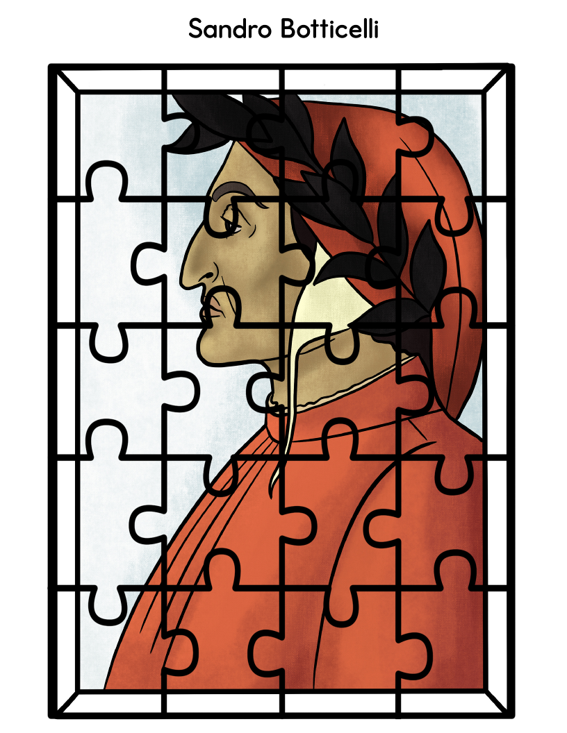 Illustrated portrait of a man with a laurel wreath in a red robe, divided into puzzle pieces, under the name "Sandro Botticelli," from Wondermom Shop's Printable Famous Artwork Puzzles collection.