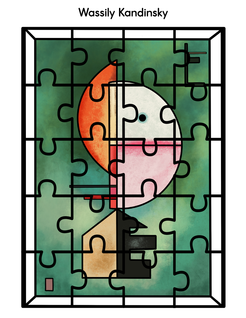 Experience the joy of assembling the 'Printable Famous Artwork Puzzles' from Wondermom Shop, featuring an abstract geometric masterpiece by renowned artist Wassily Kandinsky. This puzzle showcases a captivating mix of circles, lines, and shapes set against a greenish background, perfect for adding artistic flair to your home.