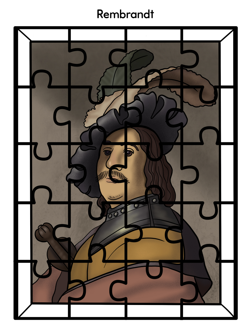 A Printable Famous Artwork Puzzle from Wondermom Shop showcasing a historical figure with a hat. The word "Rembrandt" is prominently featured above the puzzle pieces, celebrating one of the renowned artists.