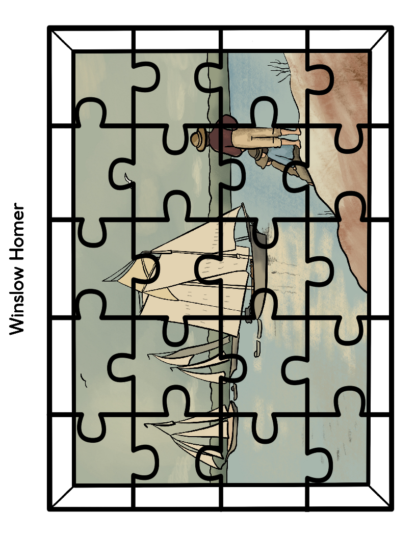 A partially completed jigsaw puzzle from Printable Famous Artwork Puzzles by Wondermom Shop depicts a painting by renowned artist Winslow Homer, featuring a figure standing on a shore overlooking boats on the water. As you assemble the pieces, this beautiful scene comes to life.