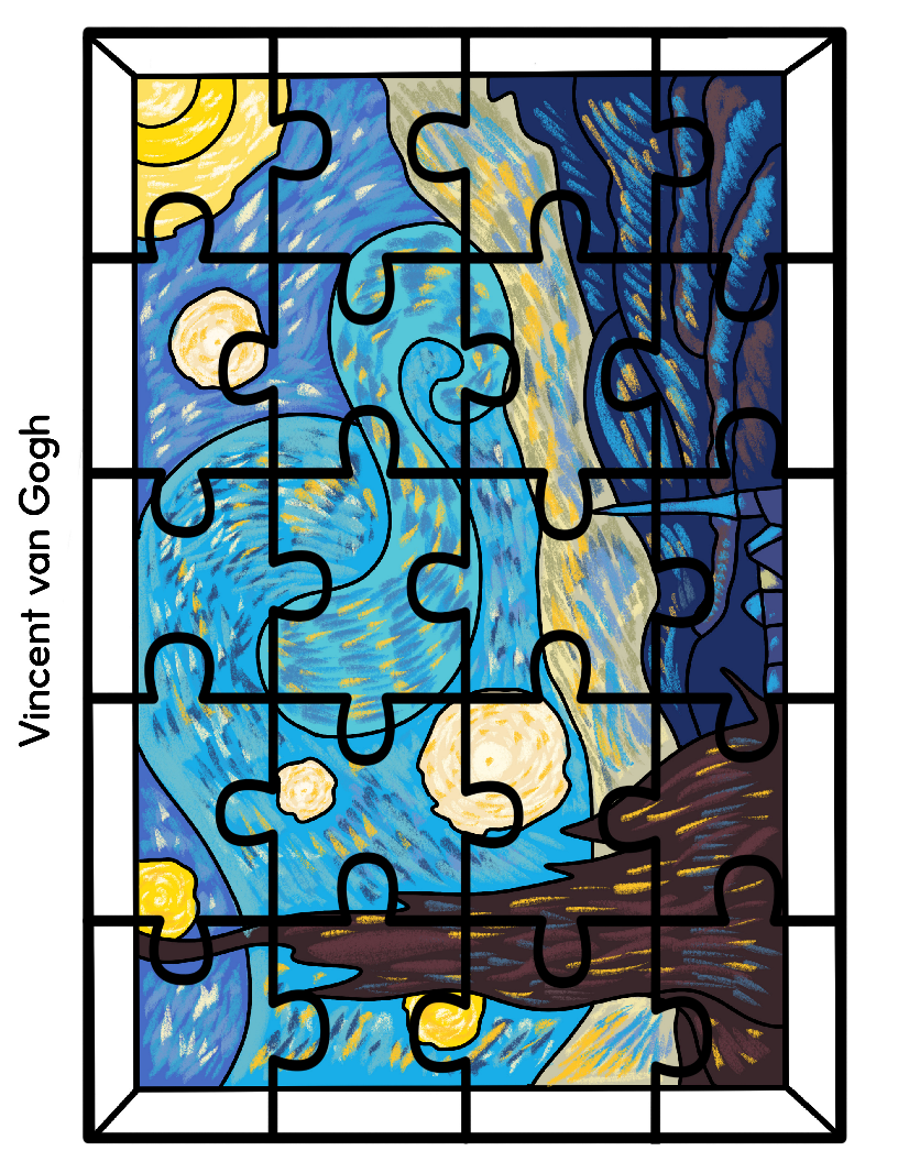 A Printable Famous Artwork Puzzle from Wondermom Shop features Vincent van Gogh's "Starry Night," with the puzzle pieces slightly apart, revealing the iconic swirling night sky and bright stars. Renowned artist Van Gogh's masterpiece comes to life through this delightful jigsaw challenge.