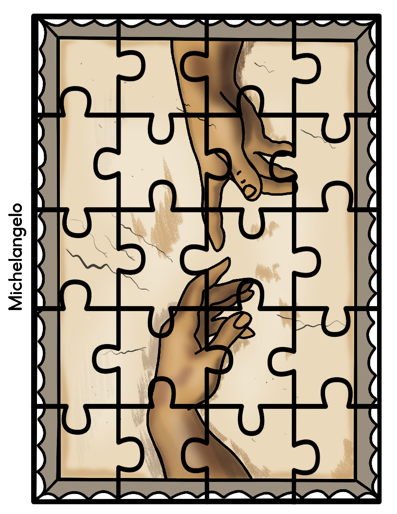 The Printable Famous Artwork Puzzles by Wondermom Shop features a jigsaw puzzle of Michelangelo's "The Creation of Adam," illustrating two hands reaching towards each other with a partially assembled image.