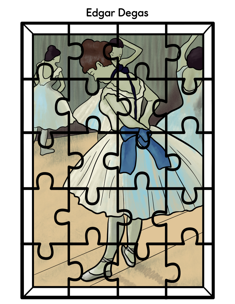 A Printable Famous Artwork Puzzle from Wondermom Shop features a renowned artist, Edgar Degas, depicting ballerinas in white tutus, but some puzzle pieces are missing.