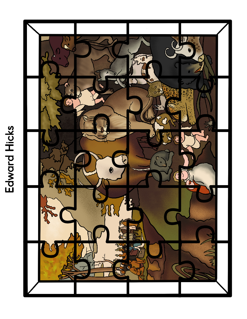 A partially assembled Printable Famous Artwork Puzzle from Wondermom Shop depicts various animals and children, created by renowned artist Edward Hicks. Housed within a rectangular frame, this puzzle offers a delightful challenge for enthusiasts.