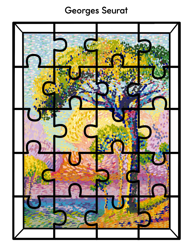 This jigsaw puzzle from the Wondermom Shop's Printable Famous Artwork Puzzles collection features pieces arranged in the shape of a painting by renowned artist Georges Seurat, depicting a landscape with trees and a river in his characteristic pointillist style.