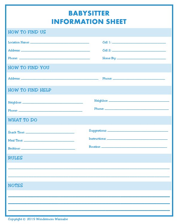 Babysitter Information Sheet