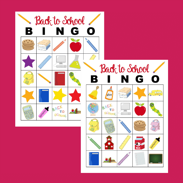 Two VIP Vault Back to School Bingo cards on a pink background.