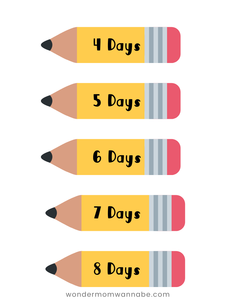 A set of Back to School Kits with the words 7 days, 5 days, 4 days, 3 days, 2 days, 1 day, 2 days,. (Brand: Wondermom Shop)