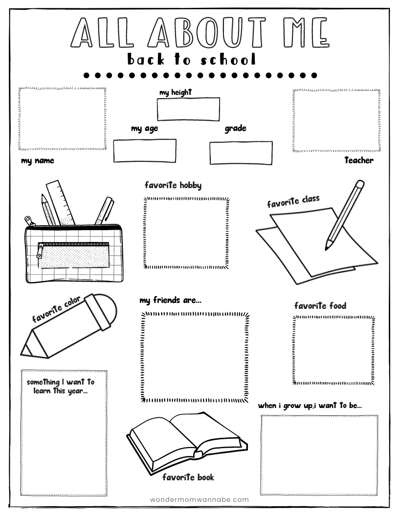 All about me Wondermom Shop Back to School Kit worksheet.