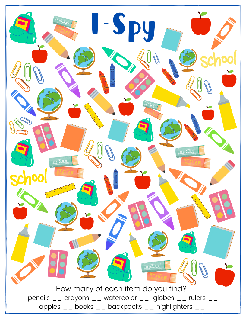 Wondermom Shop's Back to School Kit i spy worksheet.