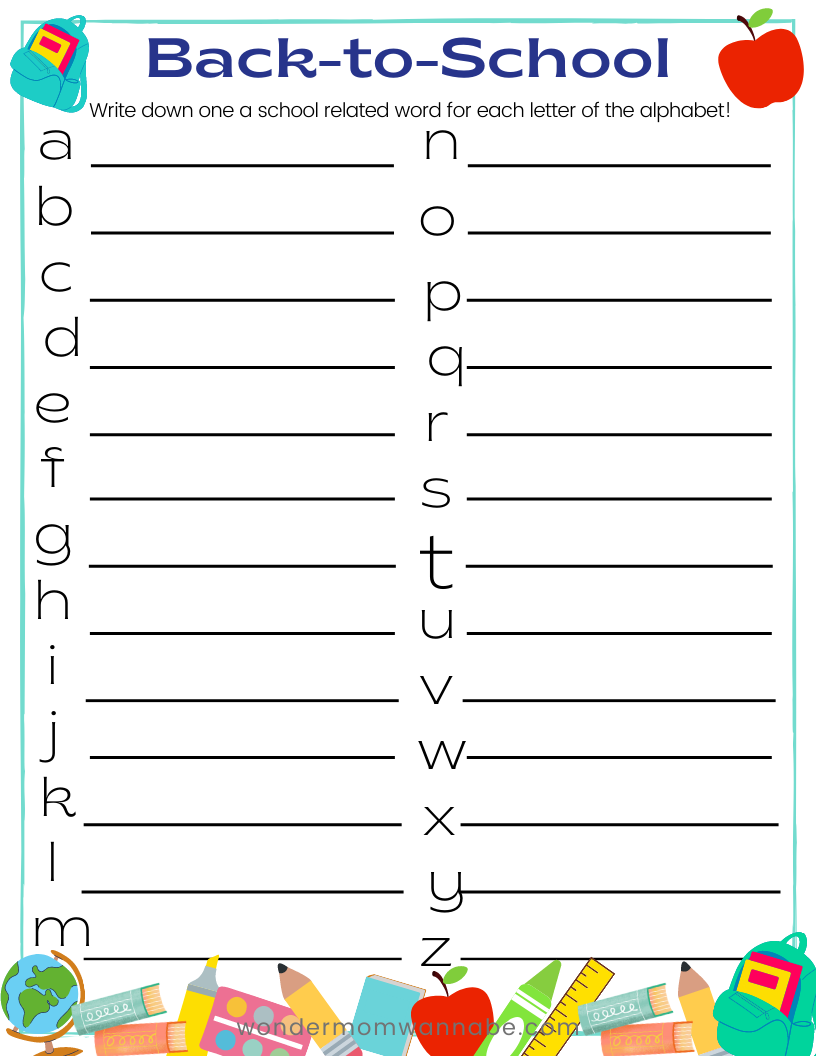 A Wondermom Shop Back to School Kit worksheet with letters and school supplies.