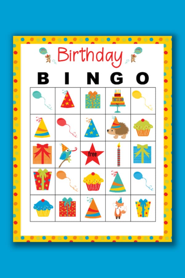 Birthday Bingo by VIP Vault offers printable bingo cards with images of party hats, balloons, gifts, cupcakes, and a cake—ideal for entertaining at children's parties.