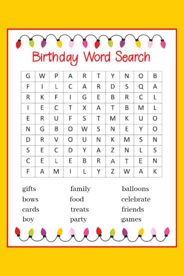 The VIP Vault's Birthday Word Search is a delightful children's party activity, featuring words like "gifts," "family," and "balloons" in a grid. With a colorful light-adorned border, this digital product adds fun to any celebration.