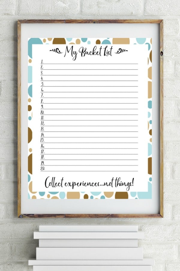 Enjoy VIP Vault's digital Bucket List Template, featuring a patterned backdrop with "Collect experiences...not things!" and 20 numbered lines, available as a free printable download.