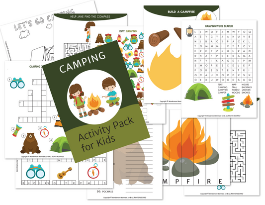Introducing the **Printable Kids Activity Books Bundle** by *Wondermom Shop*, a digital product that features camping-themed activity sheets for kids. This bundle includes engaging crossword puzzles, word searches, mazes, coloring pages, and more. The front page proudly displays "Camping Activity Pack for Kids." It's perfect for creating printable kids' activity books and themed fun packs.