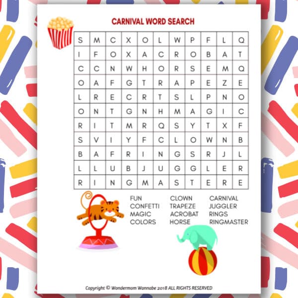 The VIP Vault Carnival Word Search is a fun, printable kids' activity with words like "clown" and "trapeze," illustrated with a tiger on a pedestal and an elephant on a ball, capturing the vibrant essence of the carnival!.