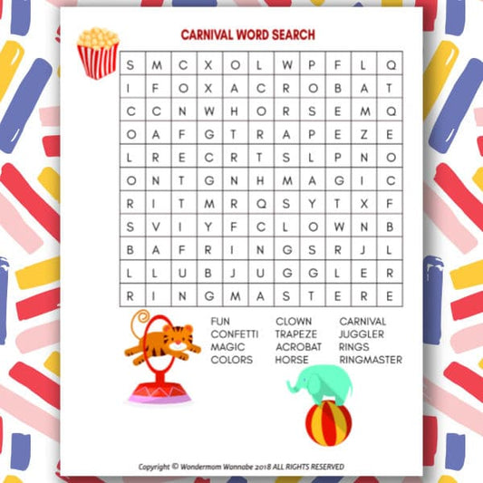 The VIP Vault Carnival Word Search is a fun, printable kids' activity with words like "clown" and "trapeze," illustrated with a tiger on a pedestal and an elephant on a ball, capturing the vibrant essence of the carnival!.