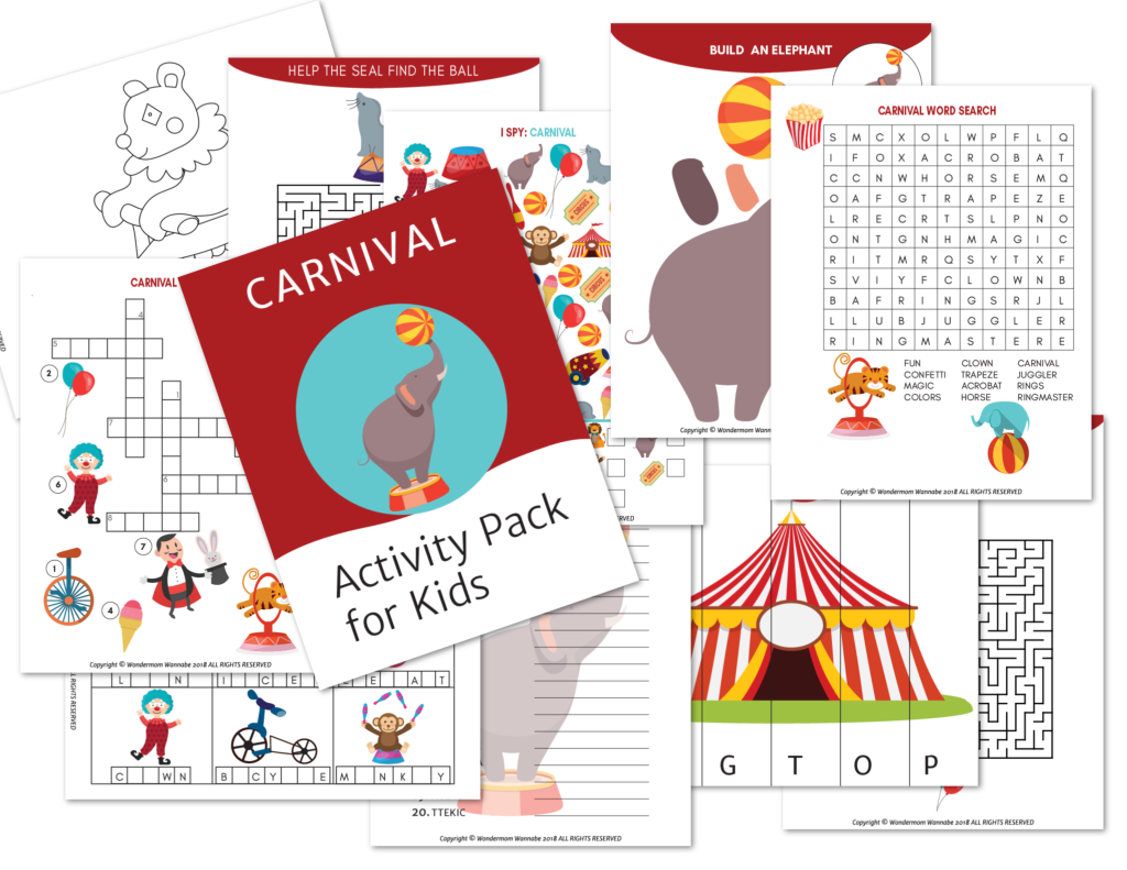 The "Printable Kids Activity Books Bundle" by Wondermom Shop is a vibrant carnival-themed digital product designed for kids, featuring an array of printable puzzles, coloring pages, mazes, and word searches. It includes delightful illustrations of animals, performers, and a circus tent to provide endless themed fun.