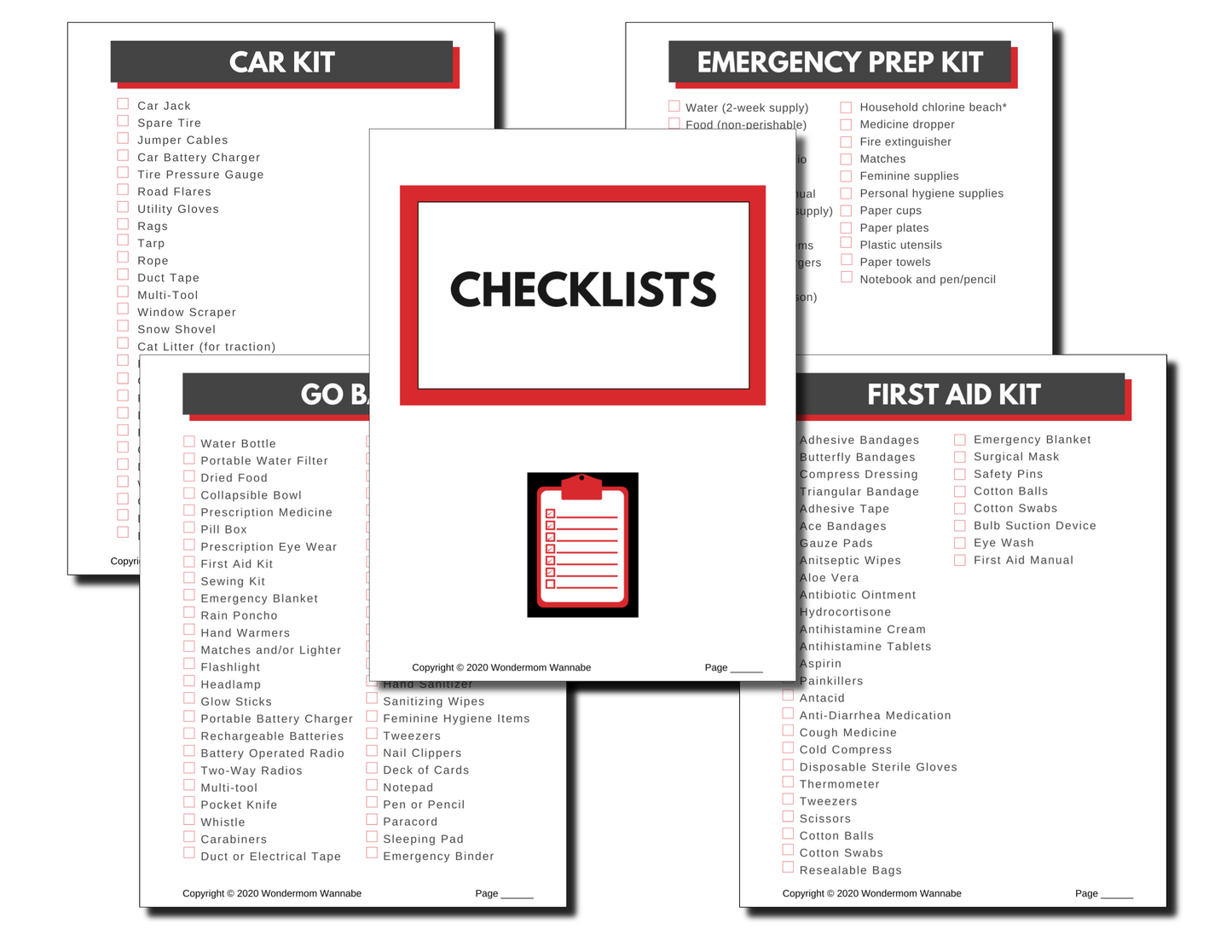 The In Case of Emergency Binder (Fillable PDF) by Wondermom Shop includes five detailed emergency preparedness checklists: Car Kit, Emergency Prep Kit, Go Bag, First Aid Kit, and Checklists. Each list outlines essential items for various emergency situations and features a section for Evacuation Plan Forms to help keep all critical information organized in your Emergency Binder.