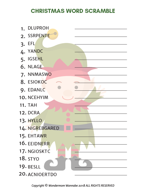 Wondermom Shop's Christmas Activity Kit for Kids, featuring a word scramble worksheet.
