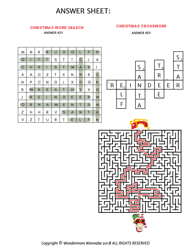 A festive Christmas Christmas Activity Kit for Kids by Wondermom Shop featuring a Santa Claus maze and answer sheet.