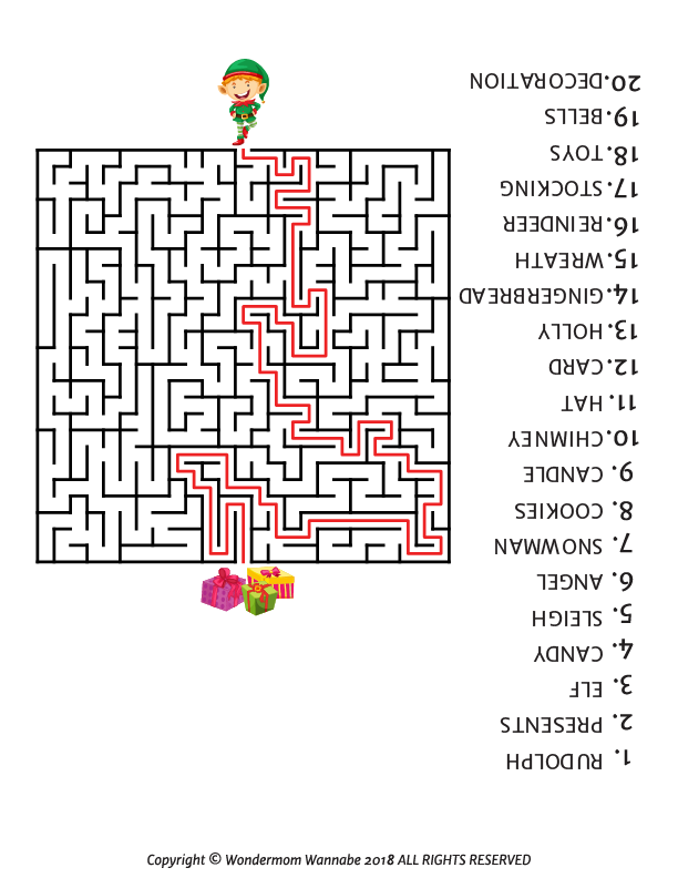 An engaging Wondermom Shop Christmas Activity Kit for Kids, featuring a maze adorned with a picture of Santa Claus, perfect for the holiday season.