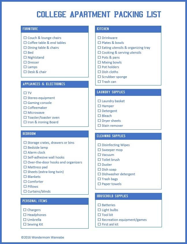VIP Vault's College Apartment Packing List.