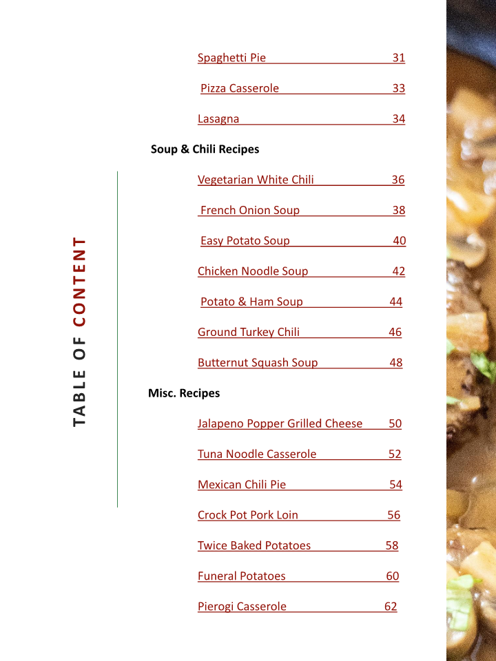 A comforting dinner menu featuring a variety of meat and vegetable dishes from the Family's Favorite Comfort Food Recipes Digital Cookbook by Wondermom Wannabe.
