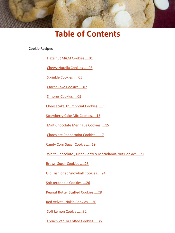 A delectable table of contents for the Family's Favorite Cookie Recipes Digital Cookbook by Wondermom Wannabe filled with mouthwatering baking ideas and delicious recipes.