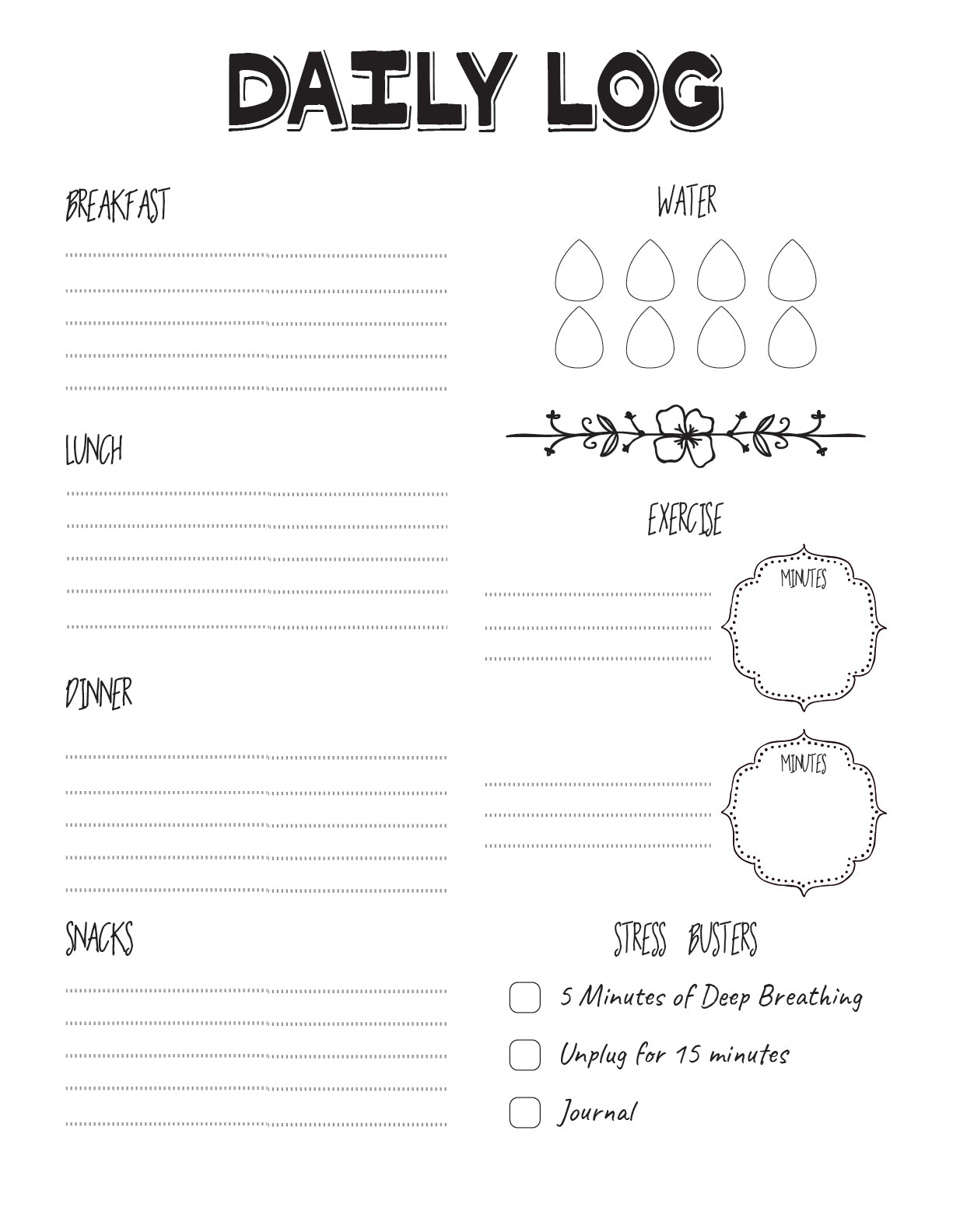 The Healthy Habits Journal by Wondermom Shop features a daily log worksheet with sections for meals, eight water droplet icons for tracking hydration, exercise, stress busters, and notes to support your Food & Workout Tracker routine.