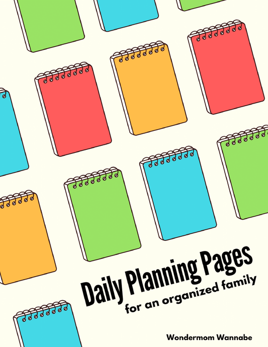 Image of a book cover featuring illustrations of spiral-bound notebooks in various colors. The title reads "Daily Routine Planning Pages" by Wondermom Shop. Perfect for daily routine planning, this digital product helps keep every family member on track.