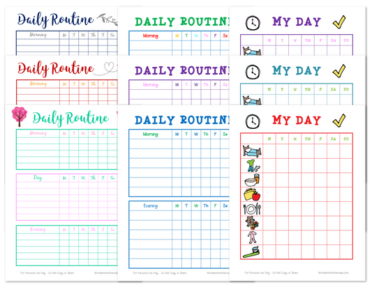 Image of eight colorful Daily Routine Planning Pages from Wondermom Shop, featuring various designs with icons, checkboxes, and text. Each page is divided into sections for different times of the day and activities, making daily organization a breeze!