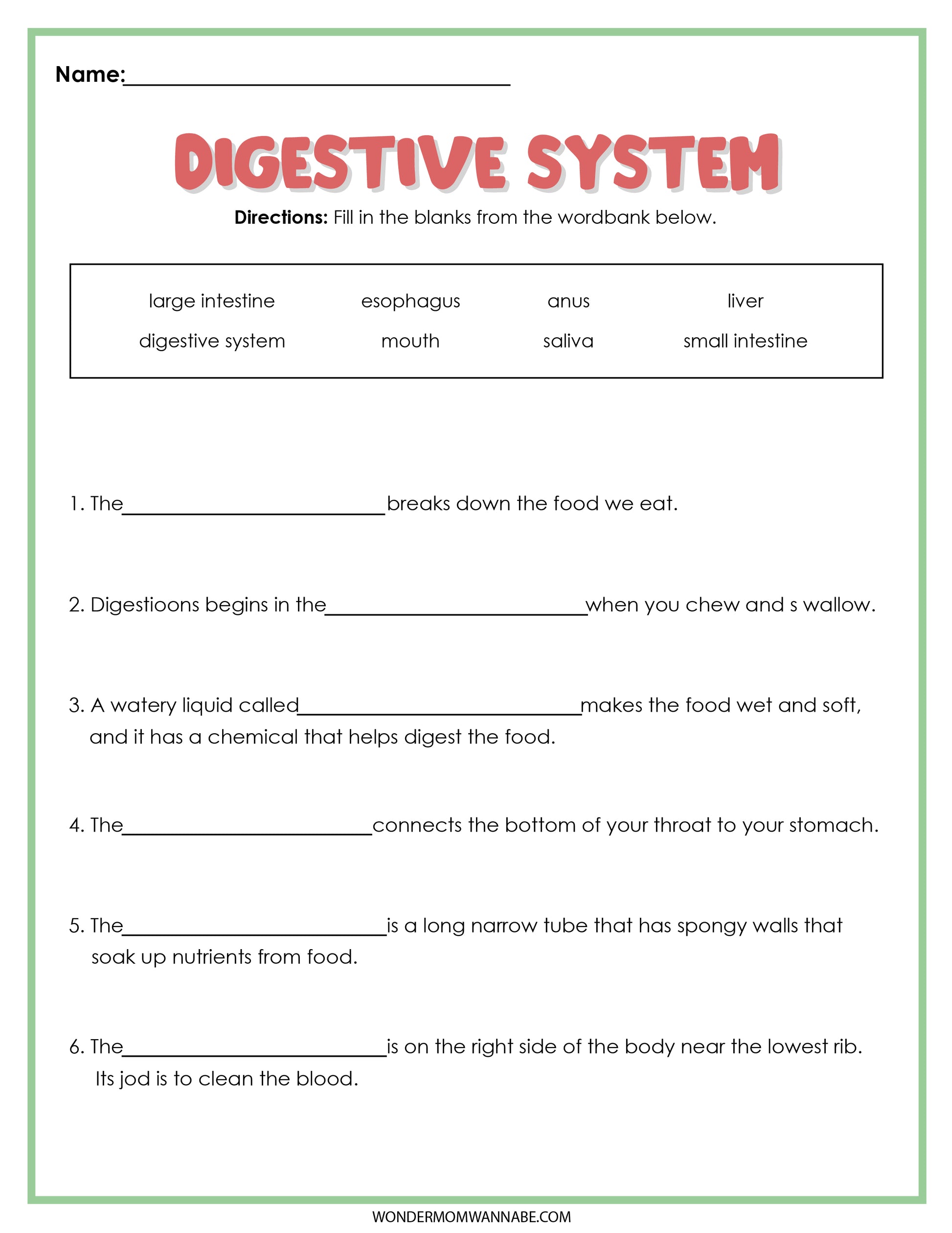 The Digestive System Activity Set from Wondermom Shop includes an engaging worksheet with fill-in-the-blank questions and a convenient word bank.