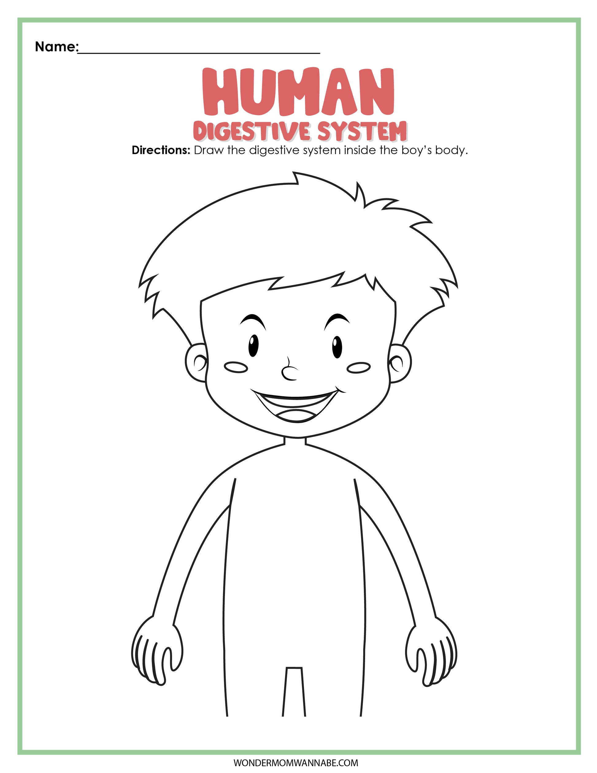 The "Digestive System Activity Set" by Wondermom Shop features an outline of a smiling boy designed for educational purposes, titled "Human Digestive System." This captivating activity set inspires children to explore and comprehend the digestive system through interactive learning experiences.