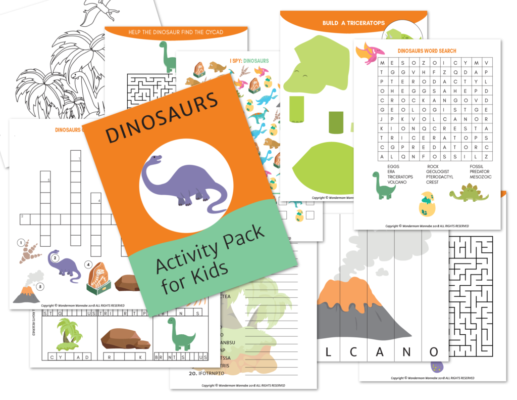 The Wondermom Shop's Printable Kids Activity Books Bundle is a collection of dinosaur-themed activity books for kids, featuring crossword puzzles, word searches, coloring pages, mazes, and dot-to-dot activities with a cover titled "DINOSAURS Activity Pack for Kids".