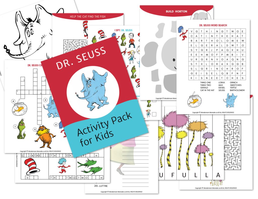 Introducing the Printable Kids Activity Books Bundle from Wondermom Shop—a digital Dr. Seuss-themed activity pack for kids that includes printable crossword puzzles, mazes, word searches, and coloring pages filled with vibrant Dr. Seuss characters and illustrations.