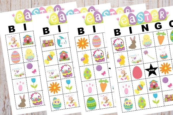 Printable Easter-themed VIP Vault Easter Bingo Cards with illustrations of eggs, bunnies, and flowers for kids.