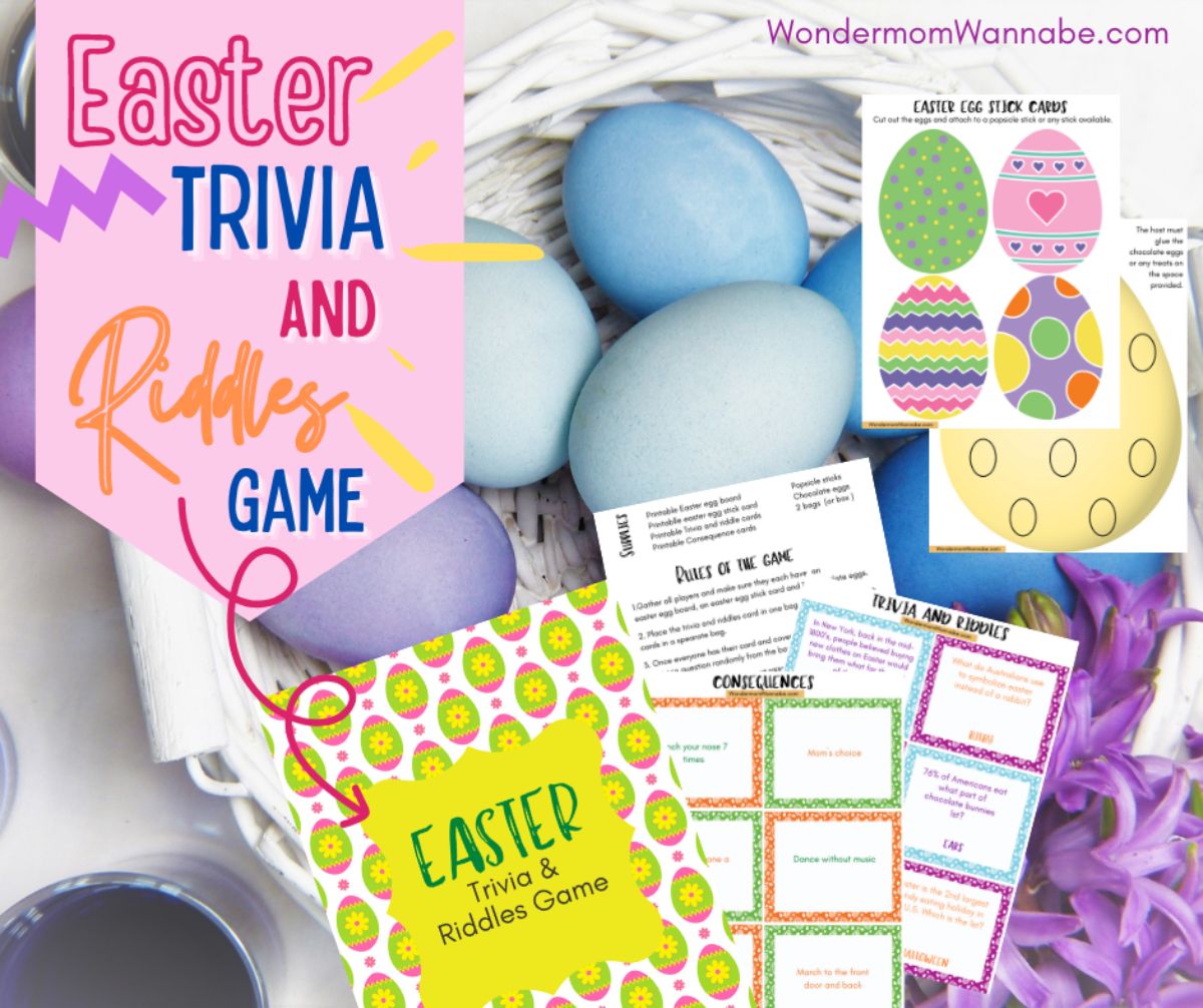 Promotional graphic for a "VIP Vault Easter Trivia Game" featuring cards with questions and colorful Easter eggs as a fun activity.