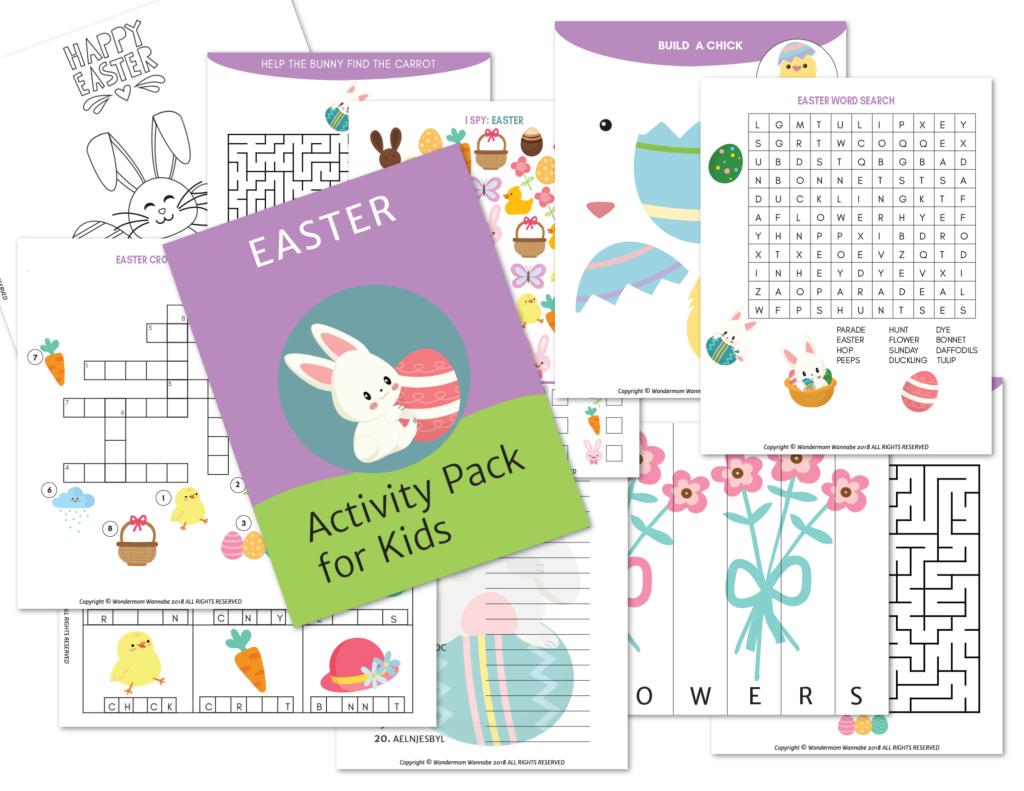 Dive into the "Printable Kids Activity Books Bundle" by Wondermom Shop, a digital product packed with themed fun packs. This collection of printable activity books features mazes, word searches, and coloring pages showcasing bunnies, eggs, and flowers—a perfect way to celebrate Easter with endless entertainment.