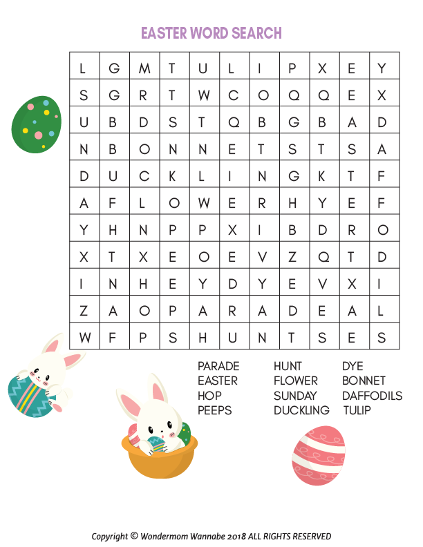 The Easter Activity Kit for Kids by Wondermom Shop includes a fun word search with decorative eggs and bunnies, featuring words like Parade, Easter, Hunt, Flower, and Duckling. It's the perfect printable addition to your children's Easter games or activity kit!.
