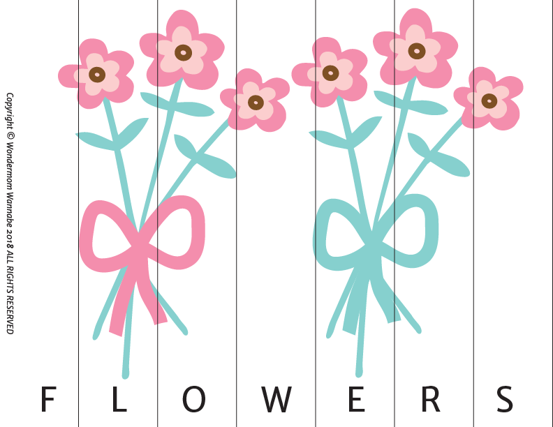 Illustration of two bouquets with pink flowers adorned with pastel ribbons on a white backdrop, echoing spring's charm. The word "FLOWERS" gracefully beneath them, reminiscent of the creative fun in the Easter Activity Kit for Kids by Wondermom Shop.