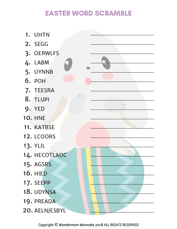 The Easter-themed word scramble from Wondermom Shop's Easter Activity Kit for Kids features jumbled words next to a bunny with a decorated egg, ideal for fun holiday games.