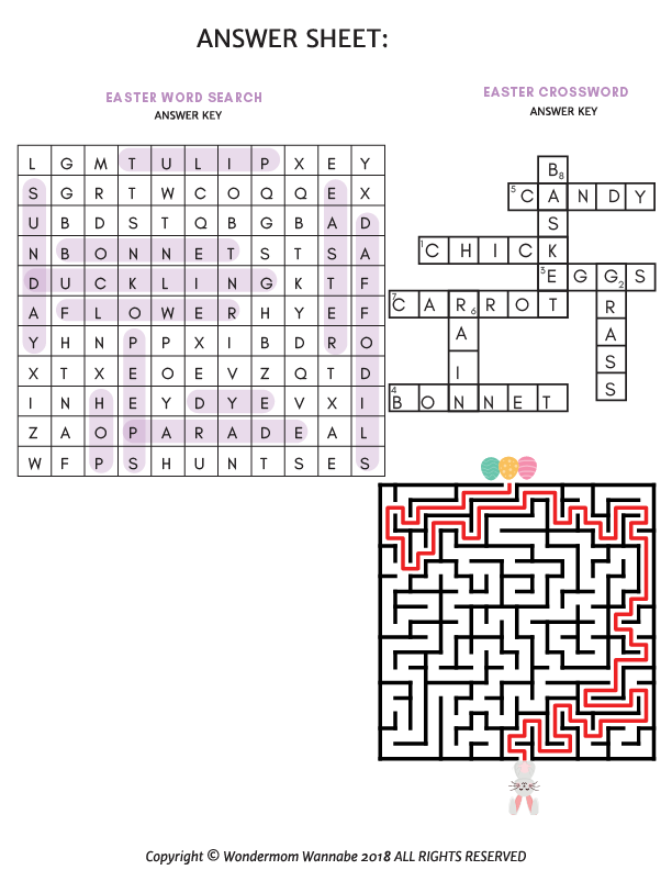 Image of an Easter Activity Kit for Kids by Wondermom Shop, featuring solutions to Easter-themed word searches, crosswords, and mazes.