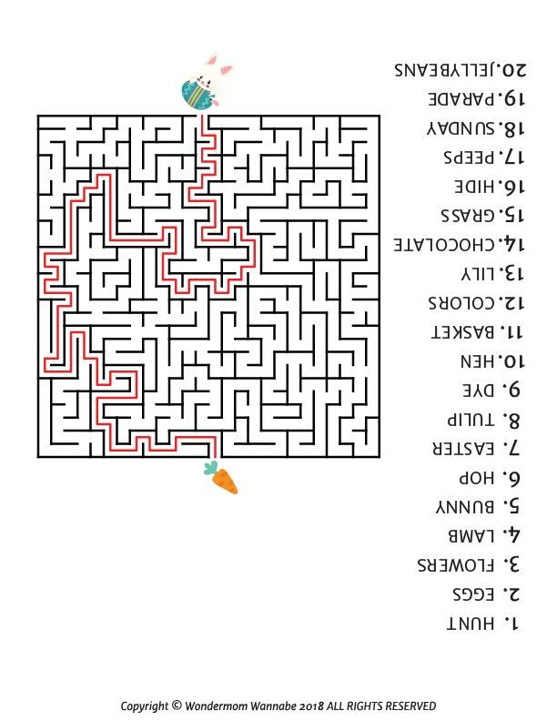 Experience the Easter Activity Kit for Kids by Wondermom Shop! Navigate the maze with a red solution path from top left to bottom right, featuring a curious rabbit and tempting carrot in opposite corners, guided by numbered vegetables and items.