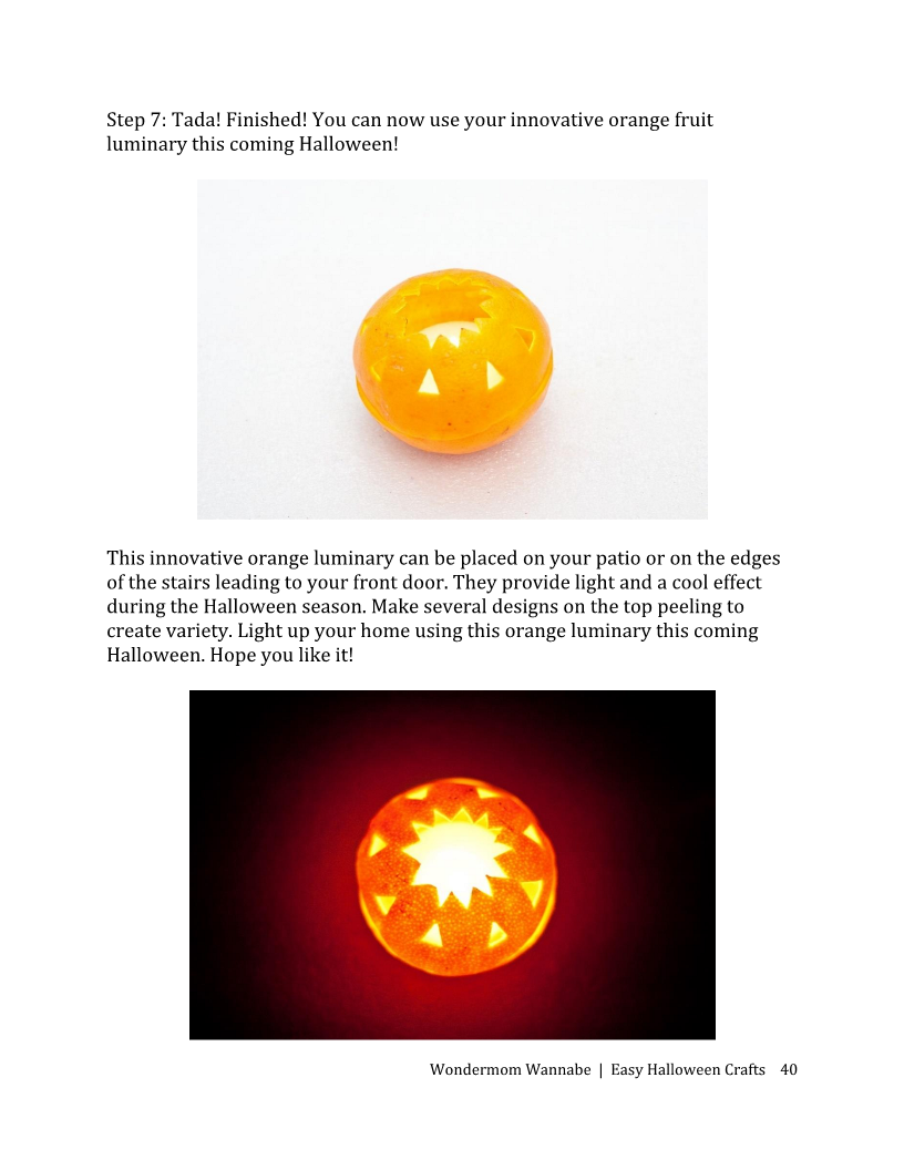 In the Easy Halloween Crafts E-Book by Wondermom Shop, a finished Halloween luminary crafted from an orange is displayed on a white background in the top image. The bottom image highlights the glowing luminary with its carved designs, offering perfect inspiration for your Halloween projects.