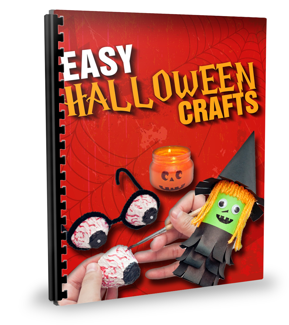 Cover of the spiral-bound *Easy Halloween Crafts E-Book* by Wondermom Shop, displaying images of Halloween projects like eyeball glasses, a painted jar, and a witch figure, all with step-by-step instructions.