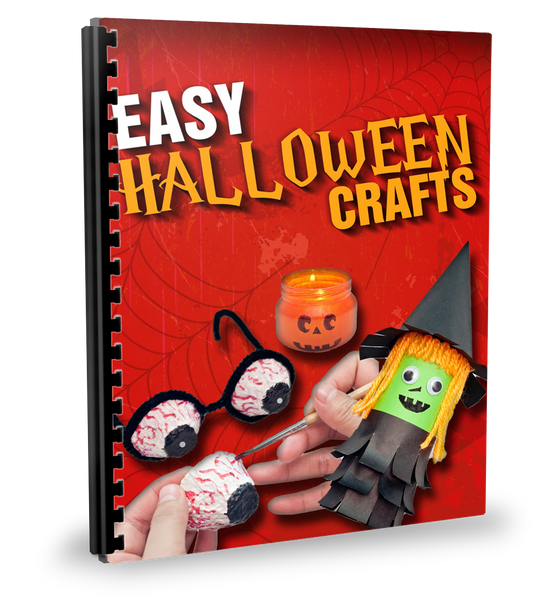 Cover of the spiral-bound *Easy Halloween Crafts E-Book* by Wondermom Shop, displaying images of Halloween projects like eyeball glasses, a painted jar, and a witch figure, all with step-by-step instructions.